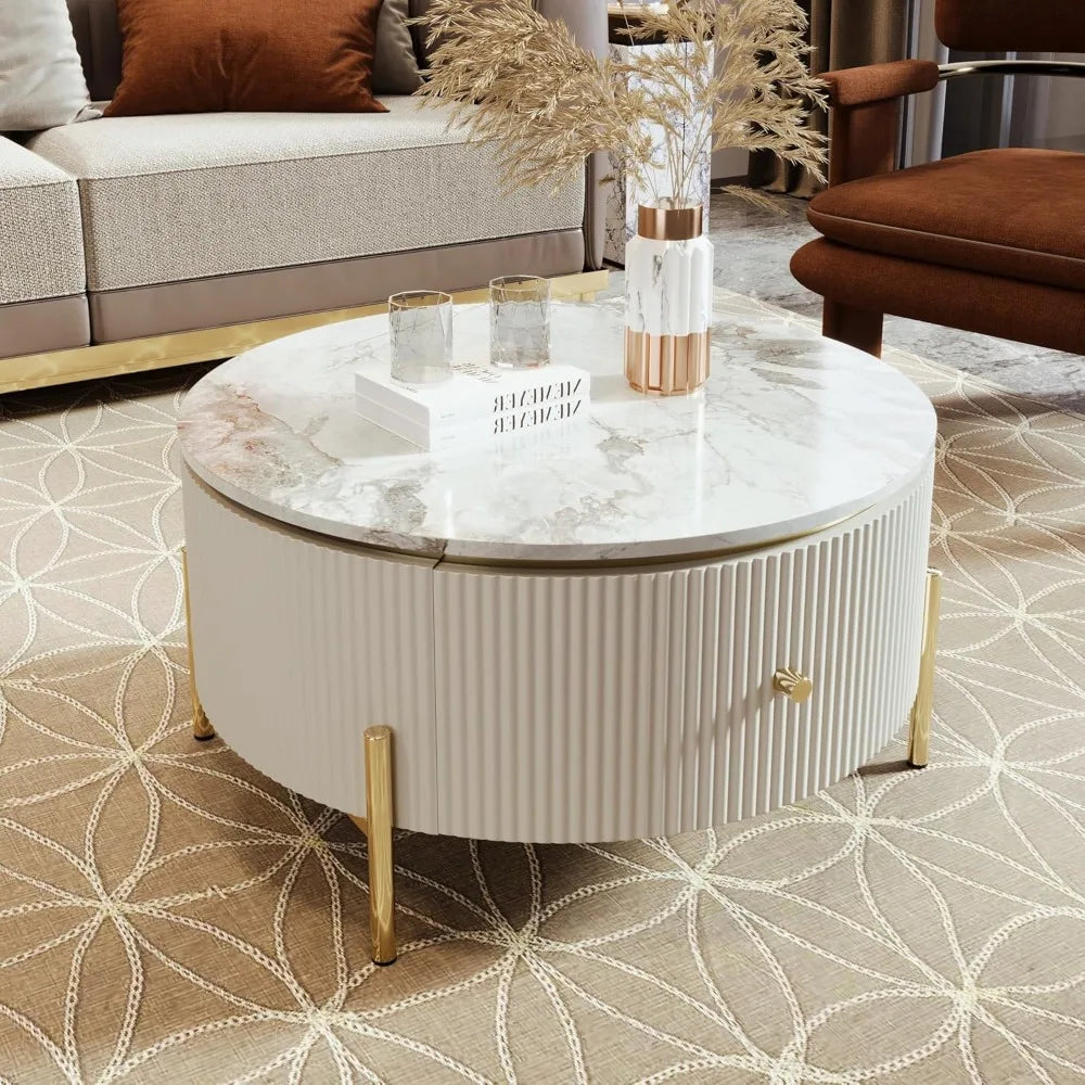 31.5 Modern Round Coffee Table with 2 Large Drawers Storage Accent, White