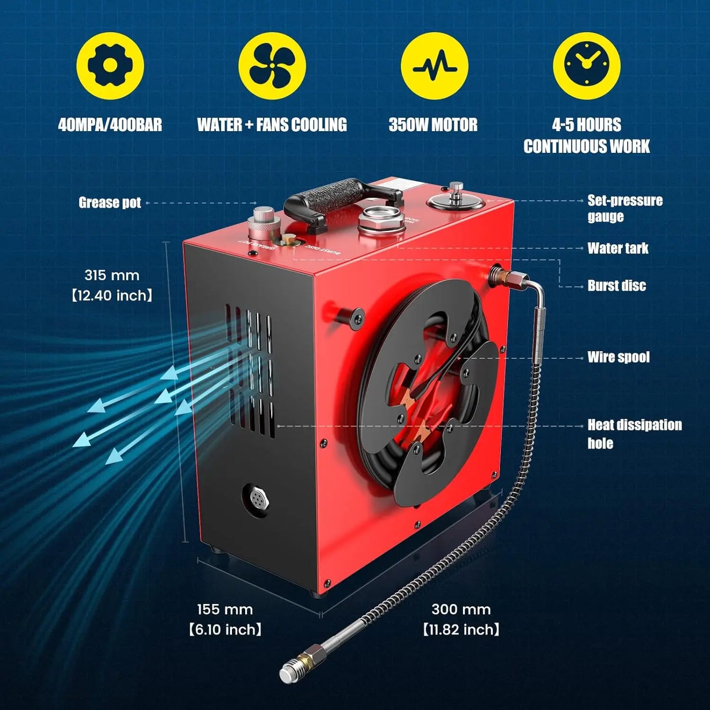 CS4 Portable PCP Air Compressor 350W Powerful Motor Max 5800Psi/40Mpa Water and Fan Cooling 5 Hours Continous Work