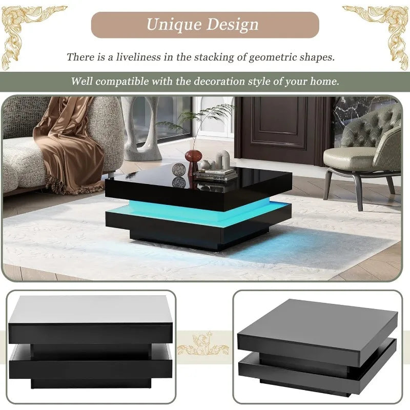 Contemporary LED Coffee Table for Living Room, Exquisite 2-Tier Centerpiece, Enhancing Ambiance with 16-Color Plug-in