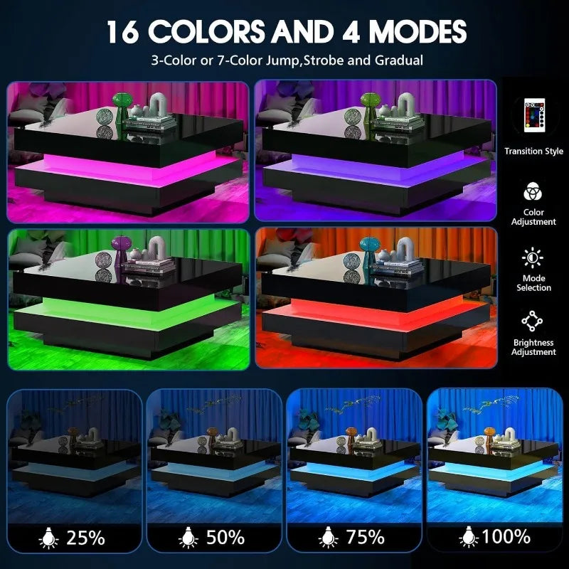 Contemporary LED Coffee Table for Living Room, Exquisite 2-Tier Centerpiece, Enhancing Ambiance with 16-Color Plug-in