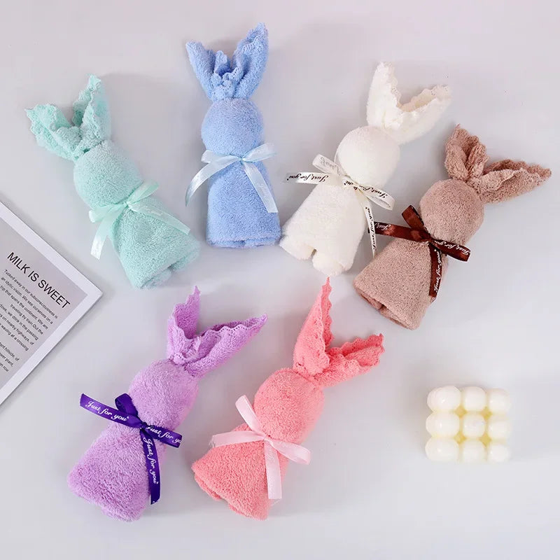 Rabbit Shape Hand Towel Soft Coral Fleece Super Absorbent Towel Gift Thickening Small Mini Towel Kitchen Bathroom Handkerchiefs