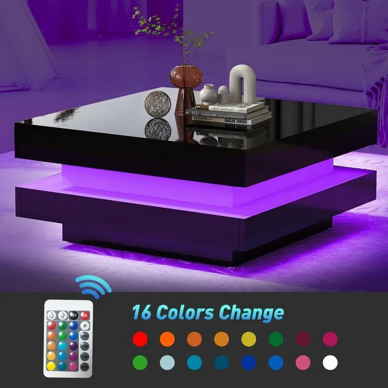 Contemporary LED Coffee Table for Living Room, Exquisite 2-Tier Centerpiece, Enhancing Ambiance with 16-Color Plug-in